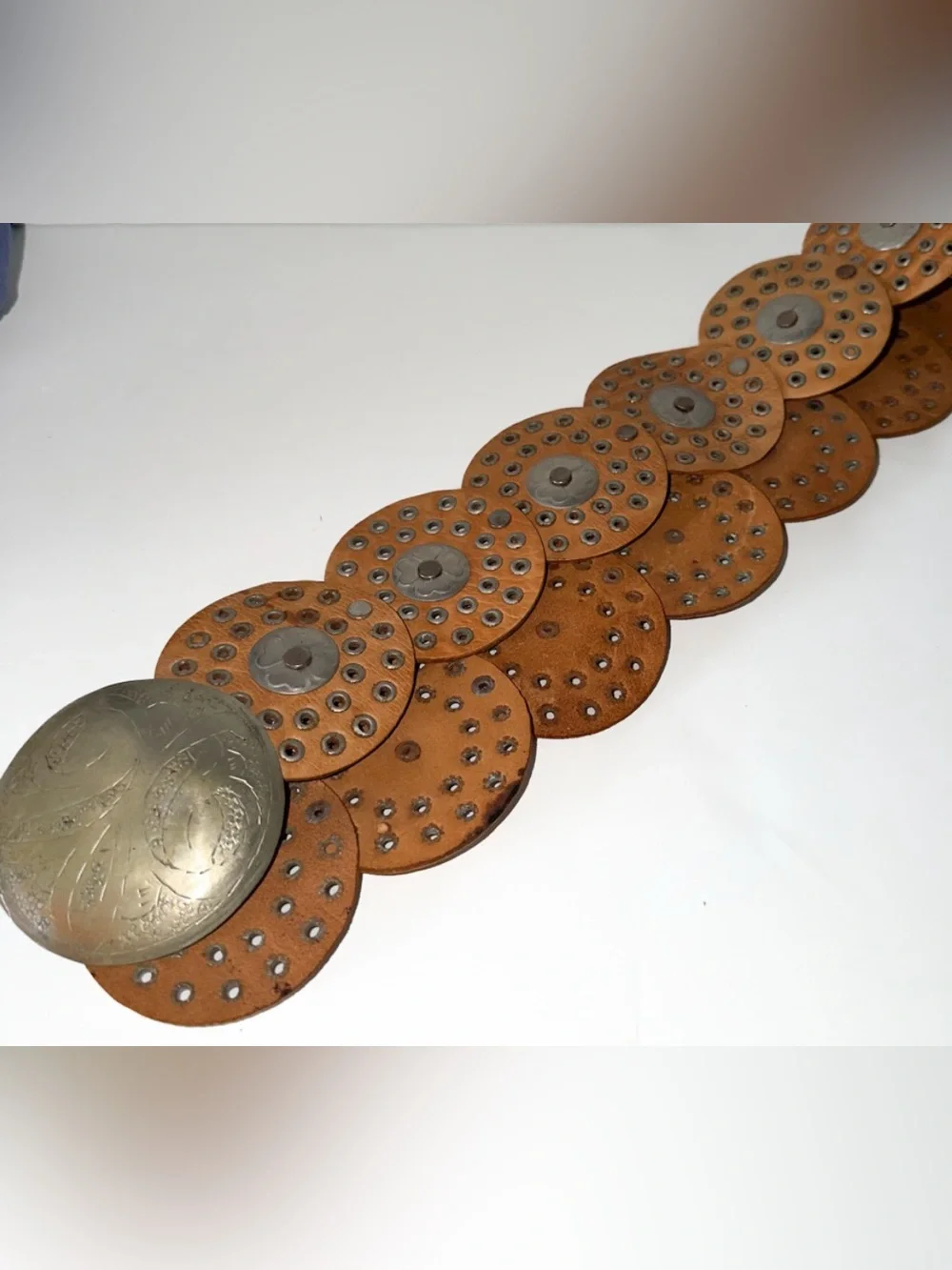 Boho Brown Leather Concho Waist Belt with Brass Medallion - Picture 2 of 12
